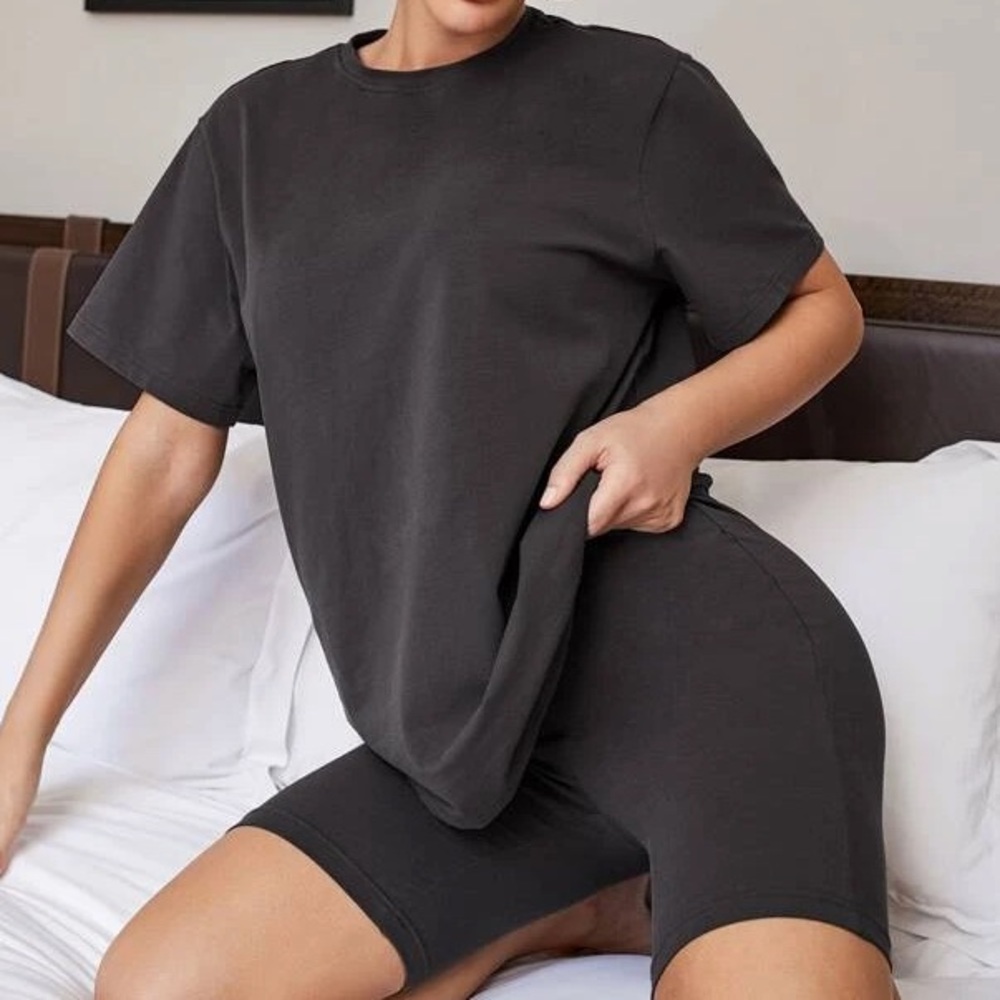Solid Round Neck Top & Biker Shorts Set